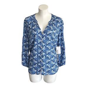 Sonoma Women's  Size M Blue Geometric V-Neck 3/4 Sleeve Blouse Casual